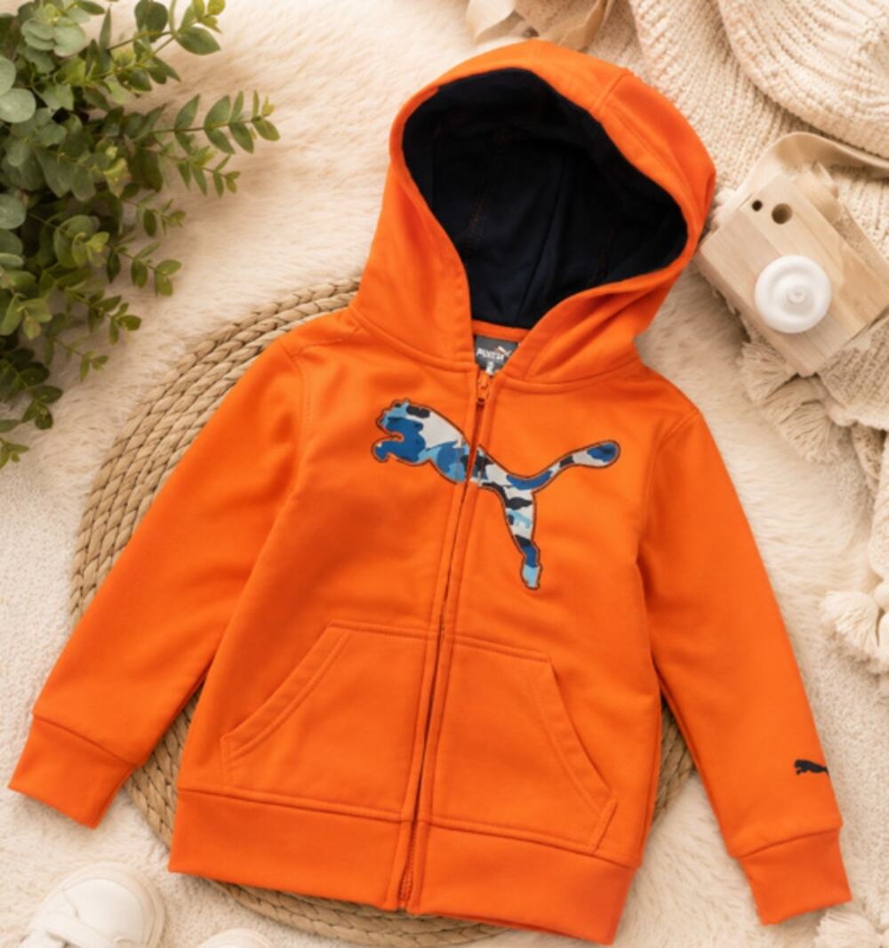 PUMA Kids Hoodie Jacket Size 6 Orange Full Zip Camo Logo Fleece Lined Sweatshirt